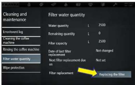 Cleaning and maintenance Error/event log Cleaning the coffee machine Rinsing the coffee machine Filter water quantity Wipe protection Filter water quantity Water quantity L 2500 Remaining quantity L 0 Filter capacity L 2500 Date of last filter replacement Not changed Next filter replacement due on N…