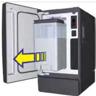 Diagram of a refrigerator with an open door and a yellow arrow pointing to the interior (no text or symbols)