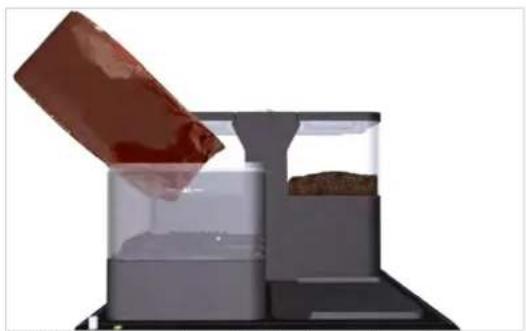 Illustration of a container with liquid and a red bag pouring from it, no text or symbols present