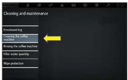 Cleaning and maintenance, Error/event log, Cleaning the coffee machine, Rinsing the coffee machine, Filter water quantity, Wipe protection.