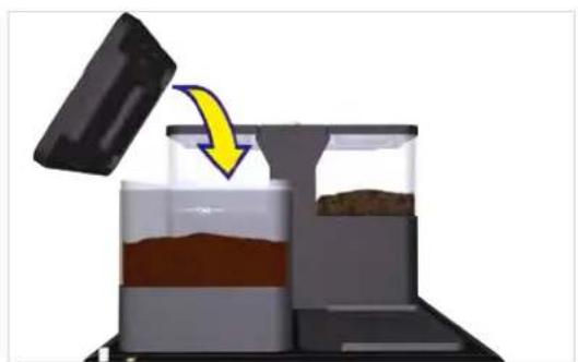Diagram showing a container with brown liquid being poured into a container, with a yellow arrow indicating the process (no text or symbols present)