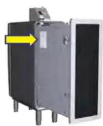 Exterior view of a black industrial device with a yellow arrow pointing to its side panel (no text or symbols visible).