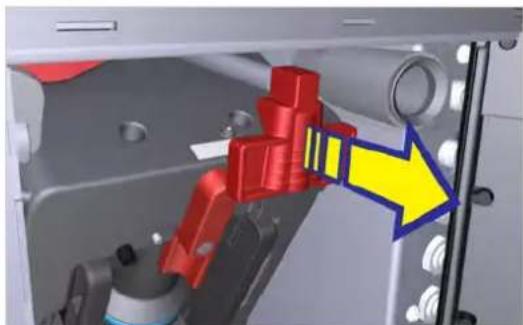 Close-up of a mechanical assembly with red 3D blocks and a yellow arrow pointing to a component, no visible text or symbols.