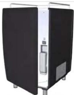 Exterior view of a black and white industrial refrigerator with open doors and a water bottle (no visible text or symbols)