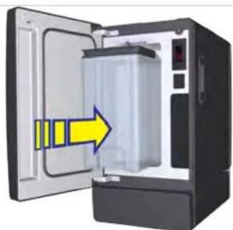 Diagram of a refrigerator with an open door and a yellow arrow pointing to the interior (no text or symbols)