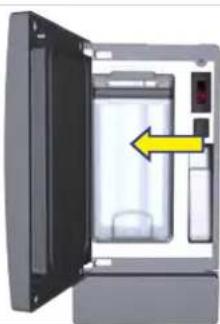 Diagram of a refrigerator with an open door and a yellow arrow pointing to the door (no text or symbols present).