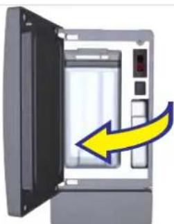 Illustration of a computer monitor with an open door and a yellow arrow pointing to the right side (no text or symbols)