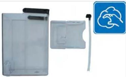 Product photo of a transparent plastic device with a white internal component and a blue circular icon showing a brain (no text or symbols on the device itself)