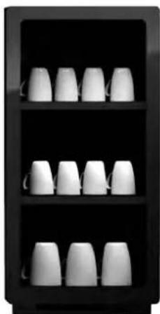 Black shelf with white ceramic cups arranged in two rows (no text or symbols visible)