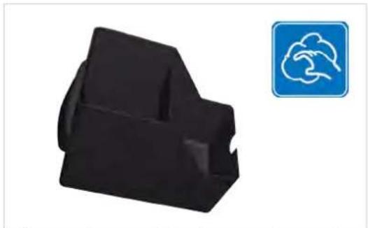 Black plastic object with a blue circular icon showing a brain symbol (no text or labels)