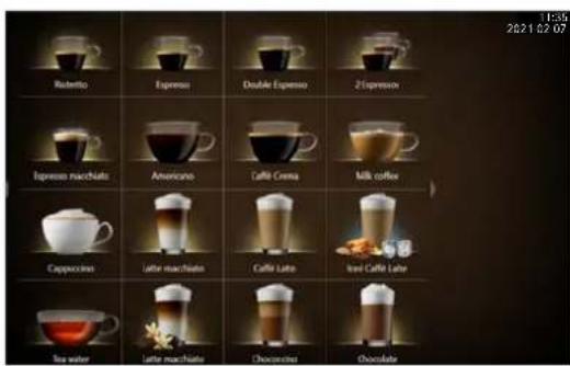 Ristretto, Espresso, Double Espresso, 2 Espressos, Espresso nachlats, Americano, Caffe Crema, Milk coffee, Cappuccino, Latte nachlats, Caffe Latte, Iced Caffe Latte, Ice water, Latte nachlats, Chocolate, Chocolate