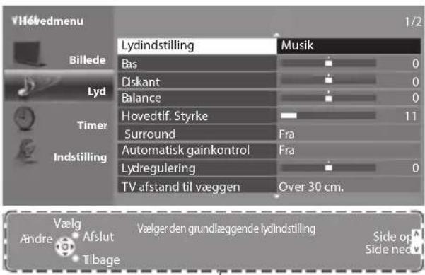 VHévedmenu Billede Lyd Timer Indstilling Lydindstilling Bas Diskant Balance Hovedtif. Styrke Surround Automatisk gainkontrol Lydregulering TV afstand til væggen Musik 0 0 0 11 Fra Fra Over 30 cm. Vælg Andre Afslut Tilbage Vælger den grundlaggende lydindstilling Side op Side neo