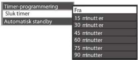 Timer-programmering Sluk timer Automatisk standby Fra 15 minutt er 30 minutt er 45 minutter 60 minutter 75 minutter 90 minutter