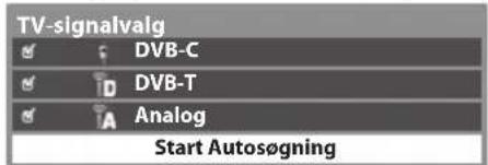 TV-signalvalg ✓ DVB-C ✓ DVB-T ✓ Analog Start Autosøgning