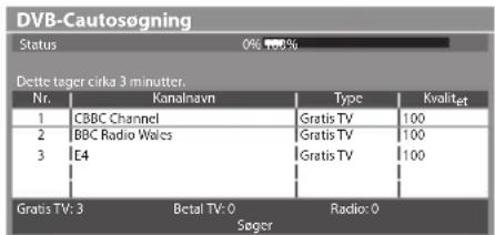 DVB-Cautosøgning Status 0% 100% Dette tager cirka 3 minutter. Nr. Kanalnavn Type Kvalitet 1 CBBC Channel Gratis TV 100 2 BBC Radio Wales Gratis TV 100 3 E4 Gratis TV 100 Gratis TV: 3 Betal TV: 0 Radio: 0 Søger