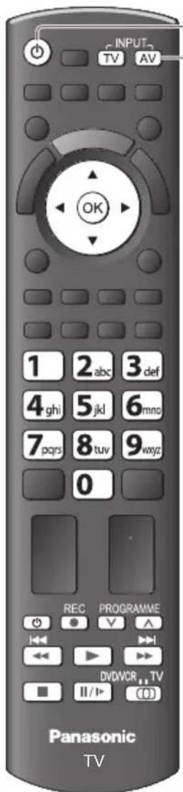 INPUT TV AV OK 1 2 abc 3 def 4 ghi 5 jkl 6 mno 7 pqrs 8 tuv 9 wxyz 0 REC PROGRAMME DVDVCR TV II/▶ (○) Panasonic TV