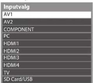 Inputvalg AV1 AV2 COMPONENT PC HDMI1 HDMI2 HDMI3 HDMI4 TV SD Card/USB
