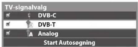 TV-signalvalg DVB-C DVB-T Analog Start Autosøgning
