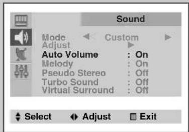 Sound Mode Adjust Custom Auto Volume : On Melody : On Pseudo Stereo : Off Turbo Sound : Off Virtual Surround : Off Select Adjust Exit