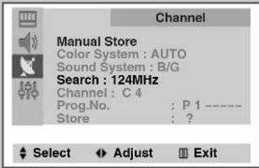 Channel Manual Store Color System : AUTO Sound System : B/G Search : 124MHz Channel : C 4 Prog.No. : P 1 ---- Store : ?