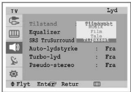 Ty Lyd Tilstand : Tlpasset Music Equalizer : Film SRS TruSurround : Tale Tilpasset Auto-lydstyrke : Fra Turbo-lyd : Fra Pseudo-stereo : Fra Flyt Enter Retur