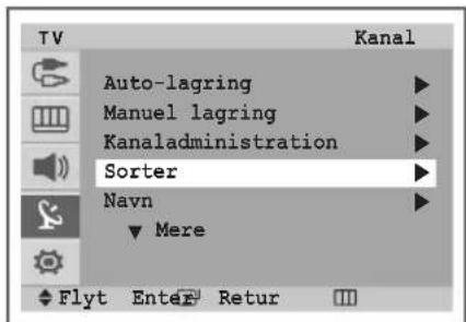 TV Auto-lagring Manuel lagring Kanaladministration Sorter Navn ▼ Mere Flyt Enter Retur