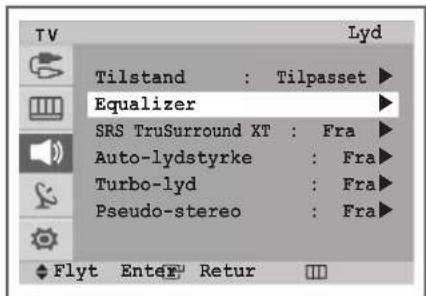 Tilstand : Tilpasset Equalizer SRS TruSurround XT : Fra Auto-lydstyrke : Fra Turbo-lyd : Fra Pseudo-stereo : Fra Flyt Enter Retur