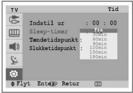 Indstil ur : 00 : 00 Sleep-timer Fra 30min Tændetidspunkt: 60min 90min 120min Slukketidspunkt: 150min 180min Flyt EnteY Retur