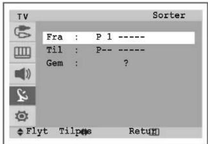 TV Sorter Fra : P 1 ---- Til : P-- ---- Gem : ? Flyt Tilpas Return