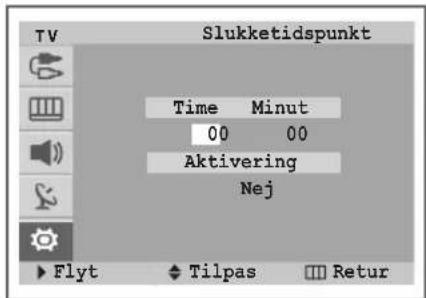 Slukketidspunkt Time Minut 00 00 Aktivering Nej Flyt Tilpas Retur