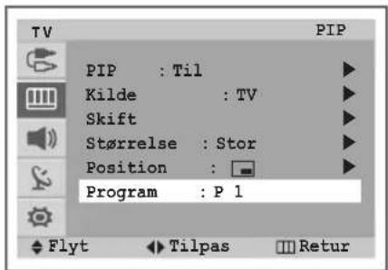 TV PIP : Til Kilde : TV Skift Størrelse : Stor Position : Program : P 1 Flyt Tilpas Retur