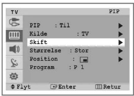 TV PIP : Til Kilde : TV Skift Størrelse : Stor Position : Program : P 1 Flyt Enter Retur