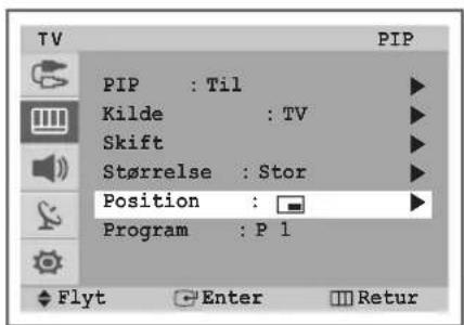 TV PIP : Til Kilde : TV Skift Størrelse : Stor Position : Program : P 1 Flyt Enter Retur