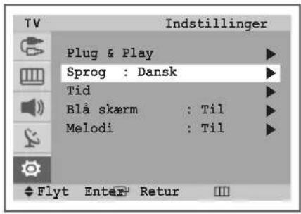 TV Indstillinger Plug & Play Sprog : Dansk Tid Blå skærm : Til Melodi : Til Flyt Enter Retur