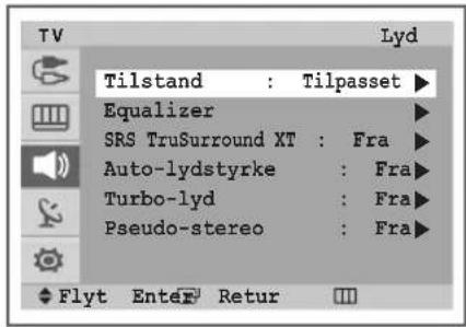Tilstand : Tilpasset Equalizer SRS TruSurround XT : Fra Auto-lydstyrke : Fra Turbo-lyd : Fra Pseudo-stereo : Fra Flyt Enter Retur