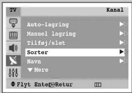 TV Auto-lagring Manuel lagring Tilføj/slet Sorter Navn ▼ Mere Flyt Enter Retur Kanal