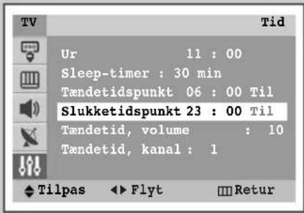 Tid Ur 11 : 00 Sleep-timer : 30 min Tændetidspunkt 06 : 00 Til Slukketidspunkt 23 : 00 Til Tændetid, volume : 10 Tændetid, kanal : 1 ◆ Tilpas ◀ Flyt □ Retur