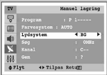 TV Manuel lagring Program : P 1---- Farvesystem : AUTO Lydsystem ← BG Søg : 0MHz Kanal : C-- Gem : ? Flyt ← Tilpas RetuH