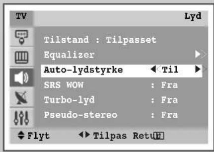 Tilstand : Tilpasset Equalizer Auto-lydstyrke SRS WOW : Fra Turbo-lyd : Fra Pseudo-stereo : Fra Flyt Tilpas RetuH