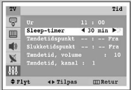 Tid Ur 11 : 00 Sleep-timer 30 min ▶ Tændetidspunkt -- : -- Fra Slukketidspunkt -- : -- Fra Tændetid, volume : 10 Tændetid, kanal : 1 Flyt ▶ Tilpas □ Retur