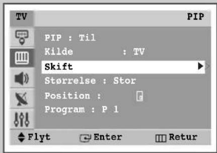 PIP PIP : Til Kilde : TV Skift Størrelse : Stor Position : Program : P 1 Flyt Enter Retur