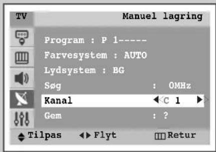 TV Manuel lagring Program : P 1---- Farvesystem : AUTO Lydsystem : BG Søg : 0MHz Kanal ◀C 1 ► Gem : ? ◆Tilpas ◀Flyt □Retur