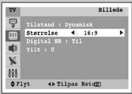 Tilstand : Dynamisk Størrelse 16:9 Digital NR : Til Tilt : 0 Flyt Tilpas Retu