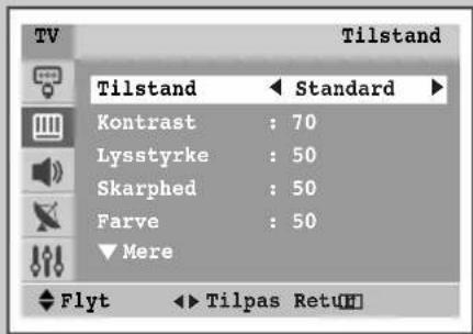 TV Tilstand Tilstand Standard Kontrast : 70 Lysstyrke : 50 Skarphed : 50 Farve : 50 ▼ Mere Flyt ► Tilpas RetuH