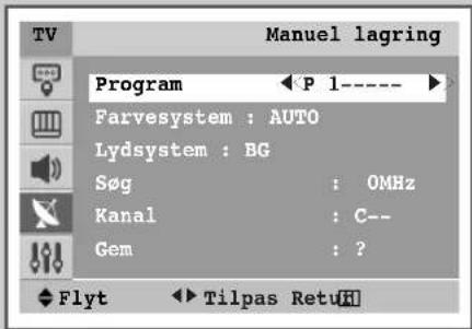 TV Manuel lagring Program ◀ P 1---- Farvesystem : AUTO Lydsystem : BG Søg : OMHz Kanal : C-- Gem : ? Flyt ◀ Tilpas RetuH