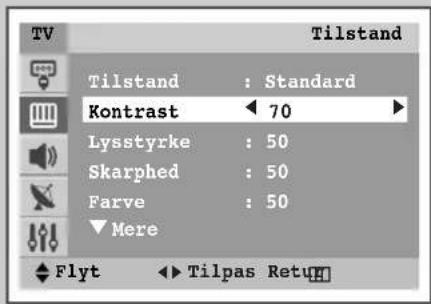 TV Tilstand Tilstand : Standard Kontrast 70 Lysstyrke : 50 Skarphed : 50 Farve : 50 ▼ Mere Flyt ▶ Tilpas Return