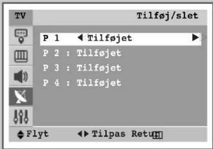 Tilføj/slet P 1 ← Tilføjet P 2 : Tilføjet P 3 : Tilføjet P 4 : Tilføjet Flyt ← Tilpas Return