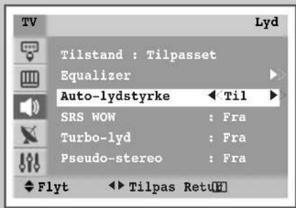 Tilstand : Tilpasset Equalizer Auto-lydstyrke SRS WOW : Fra Turbo-lyd : Fra Pseudo-stereo : Fra Flyt Tilpas RetuH