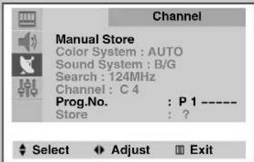 Channel Manual Store Color System : AUTO Sound System : B/G Search : 124MHz Channel : C 4 Prog.No. : P 1 ---- Store : ?