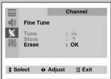 Channel Fine Tune Tune : -/+ Store : ? Erase : OK Select Adjust Exit